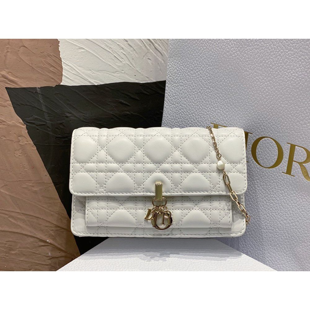 Dior Lady Dior Chain Pouch In White Cannage Lambskin IAMBS241116 Outlet Sales